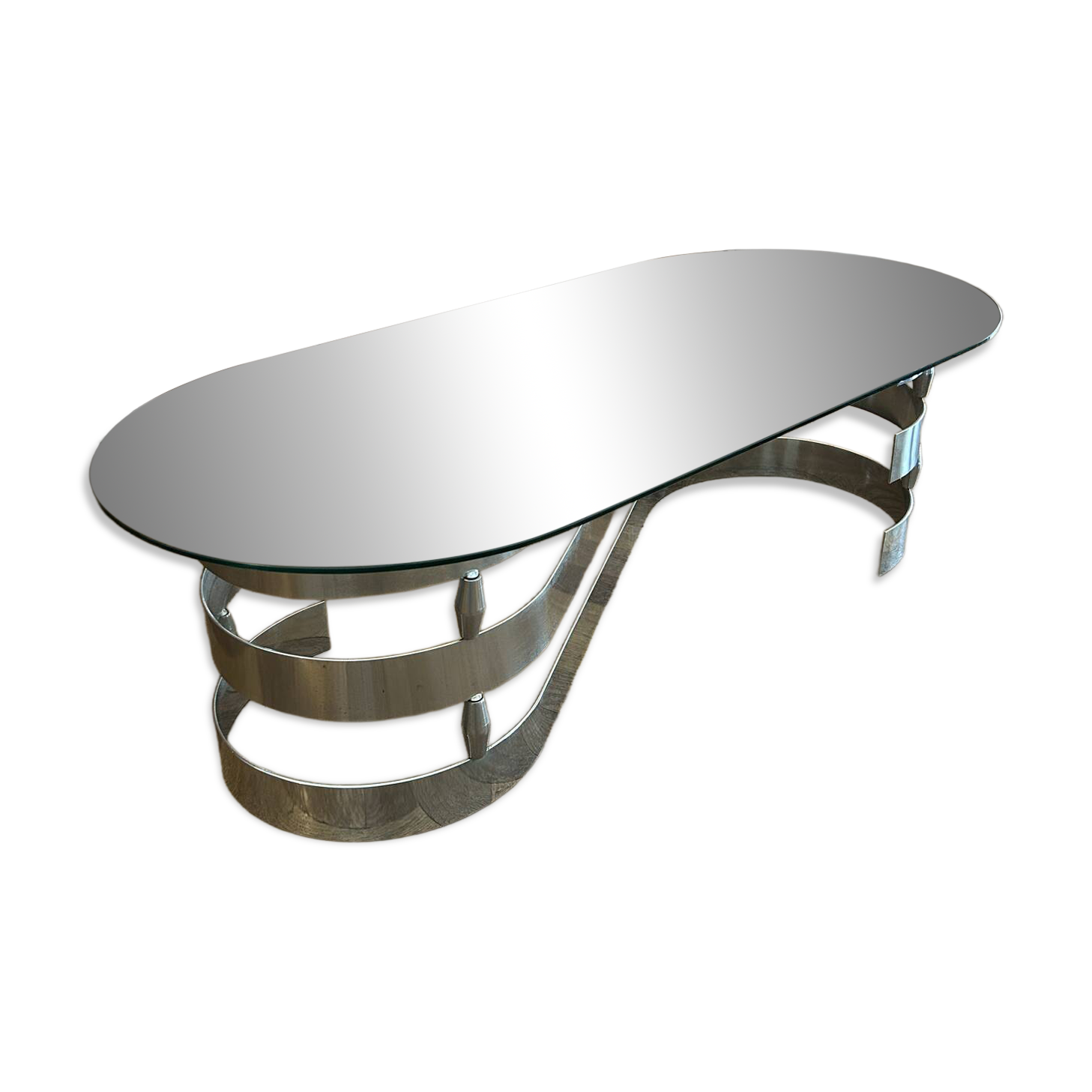 Table basse ovale design années 70 en verre et pieds chromé « S »