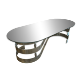 Table basse ovale design années 70 en verre et pieds chromé « S »