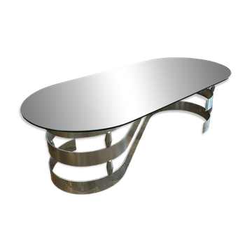 Oval coffee table, 1970s design in glass with chrome "S" legs.