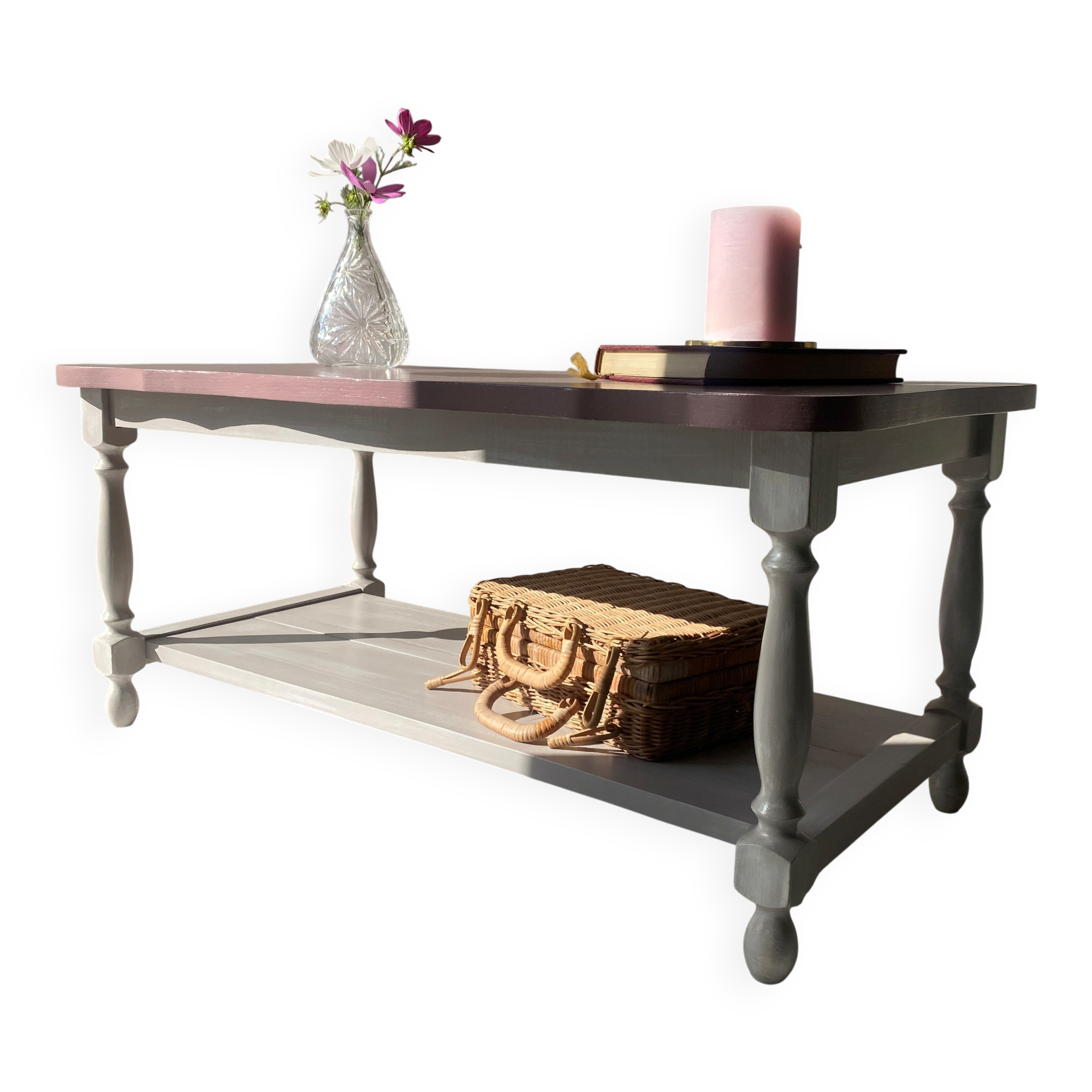Table basse vintage rustique rose et doré