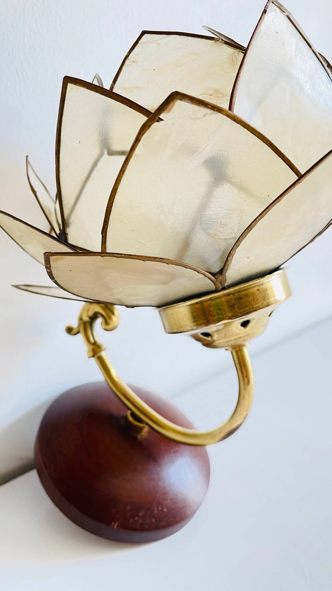 Vintage mother-of-pearl and brass flower wall lamp