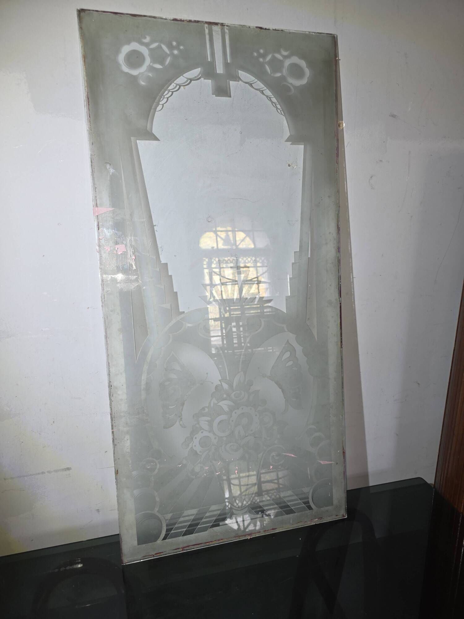 Art Deco engraved glass door panel 1930