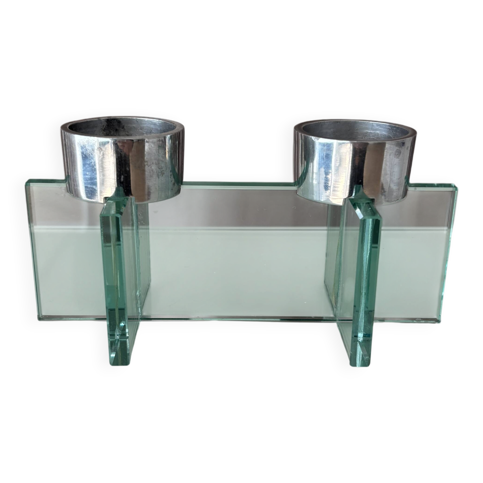 Postmodern double candlestick in glass and chrome metal