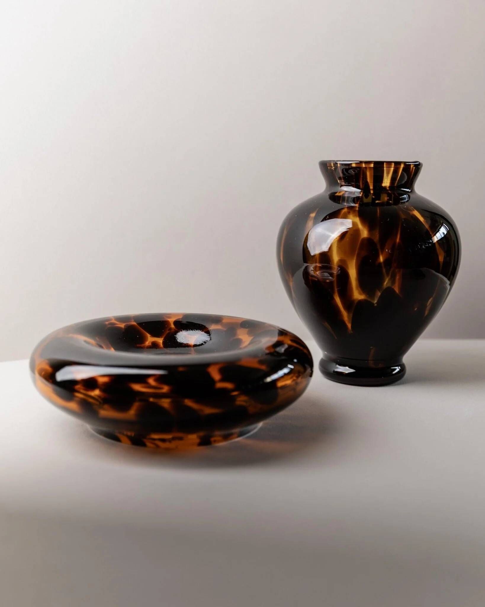 Vintage Murano Glass Vase and Bowl in Tortoise Shell Optic - Amber-Brown Glass Art