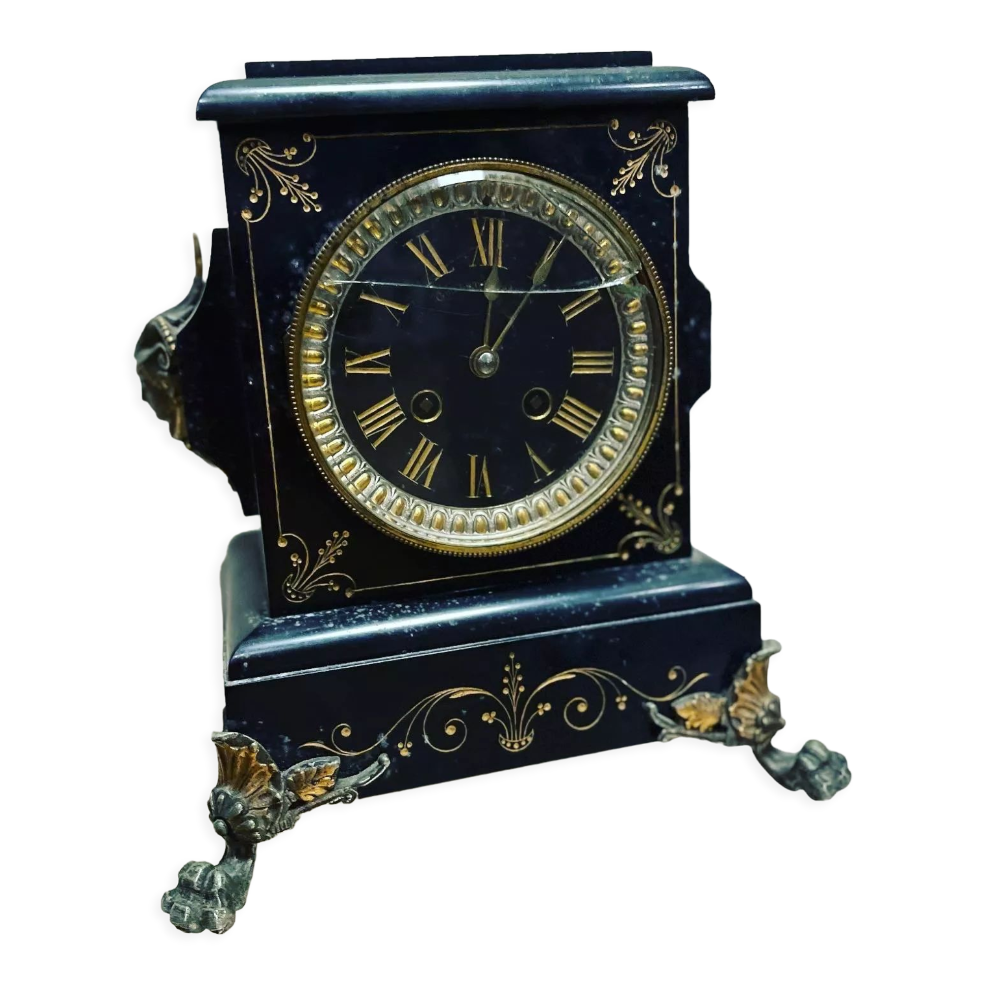 Black marble clock and brass ornament