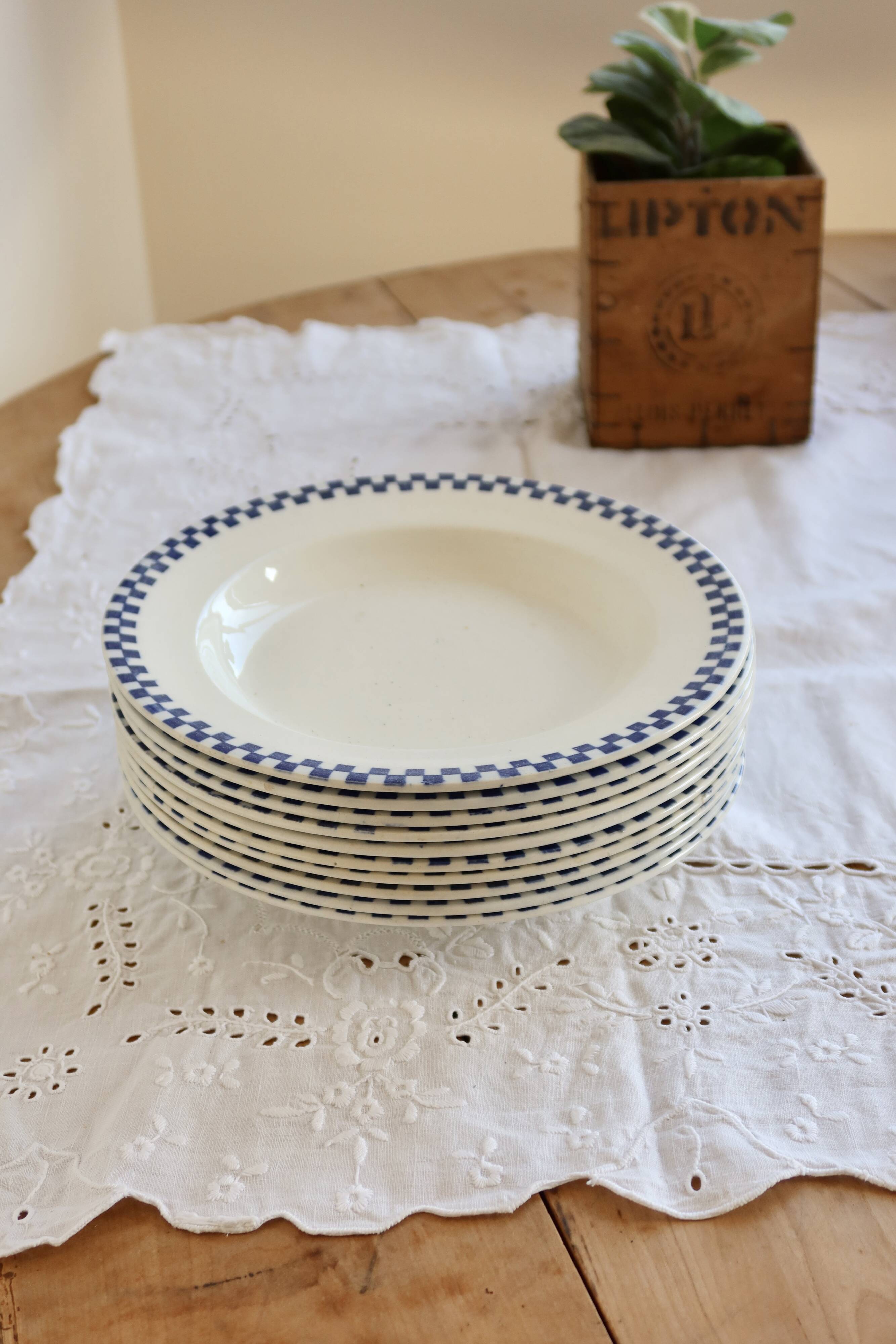 6 antique deep plates, ironstone Salins - Checkerboard model