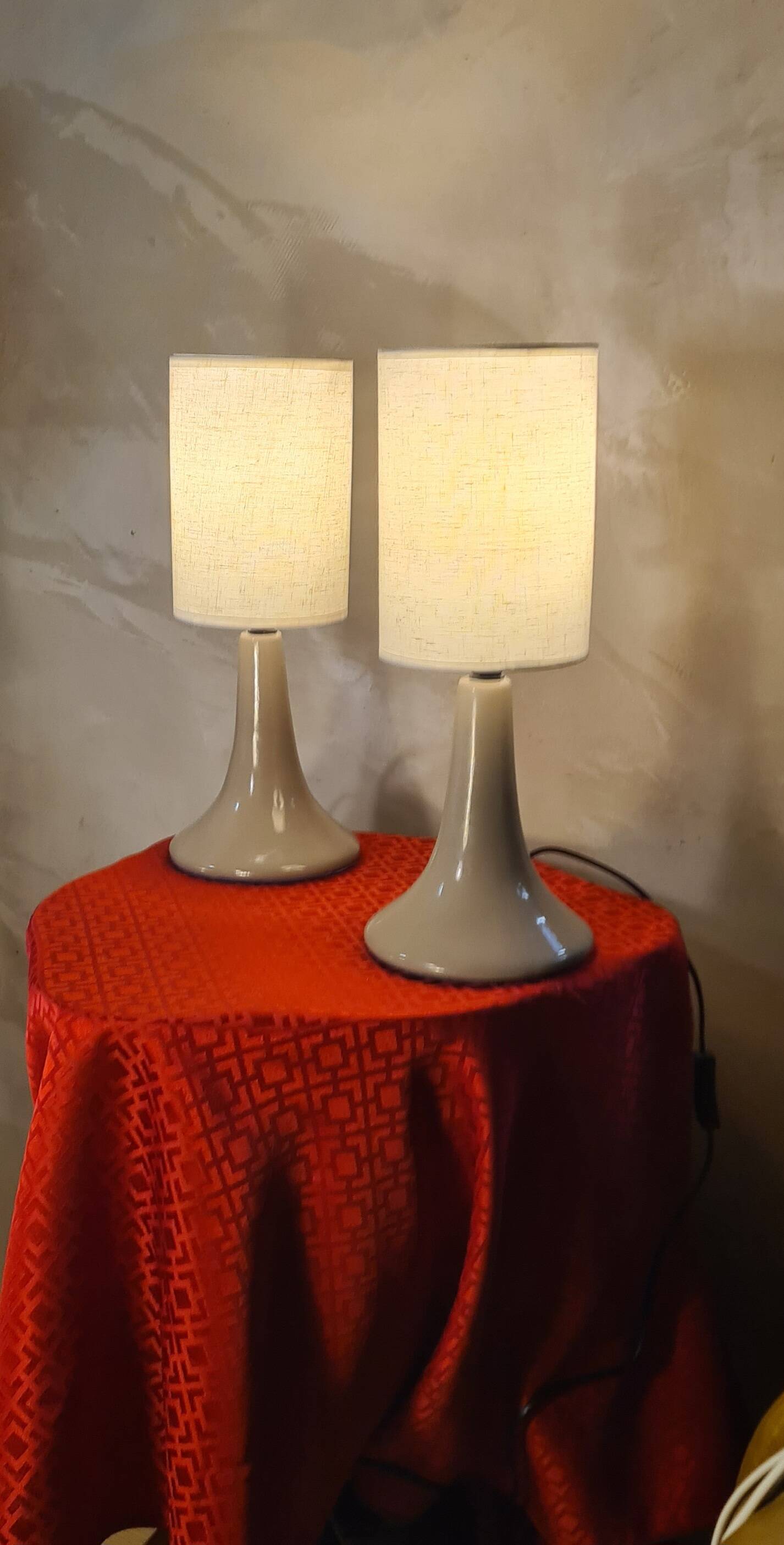 pair of taupe ceramic bedside lamps with linen lampshade 37x15
