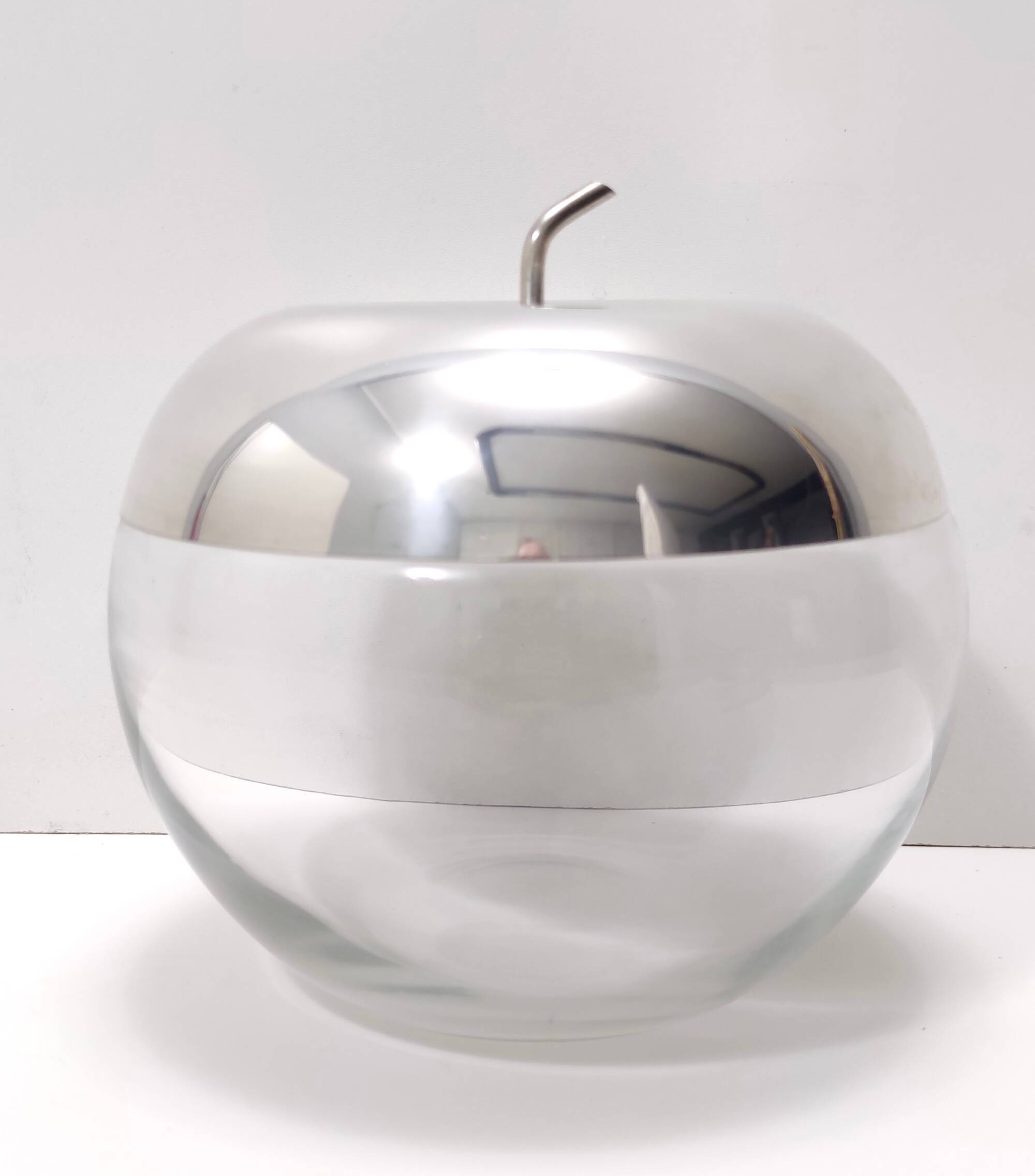 Postmodern Transparent Glass and Silver-Plated Metal Ice Bucket / Bowl, Italy