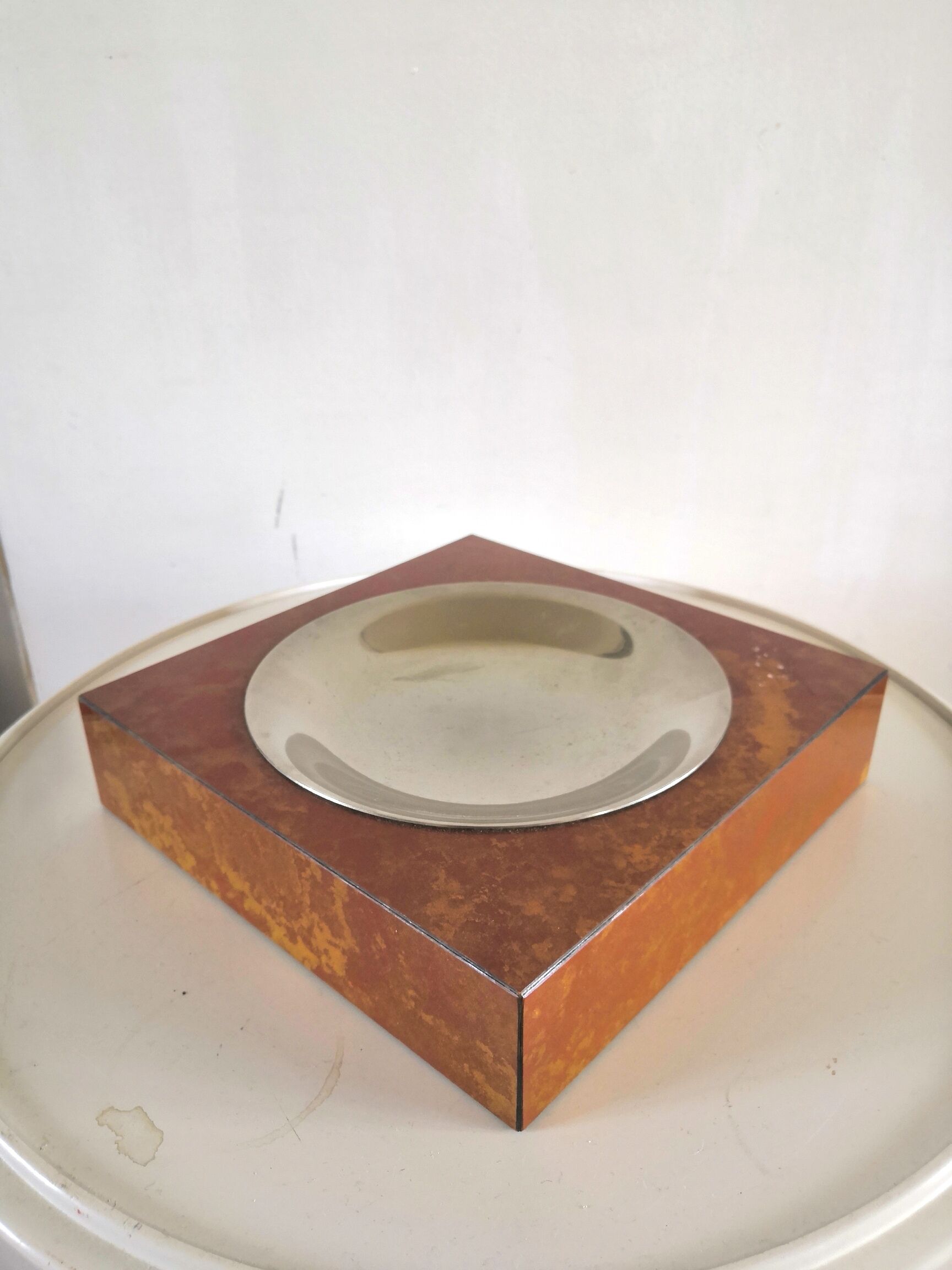 Ashtray veneer wood and metal design 70s