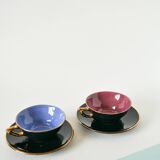 Set of 6 black and colored earthenware cups and saucers, 1950