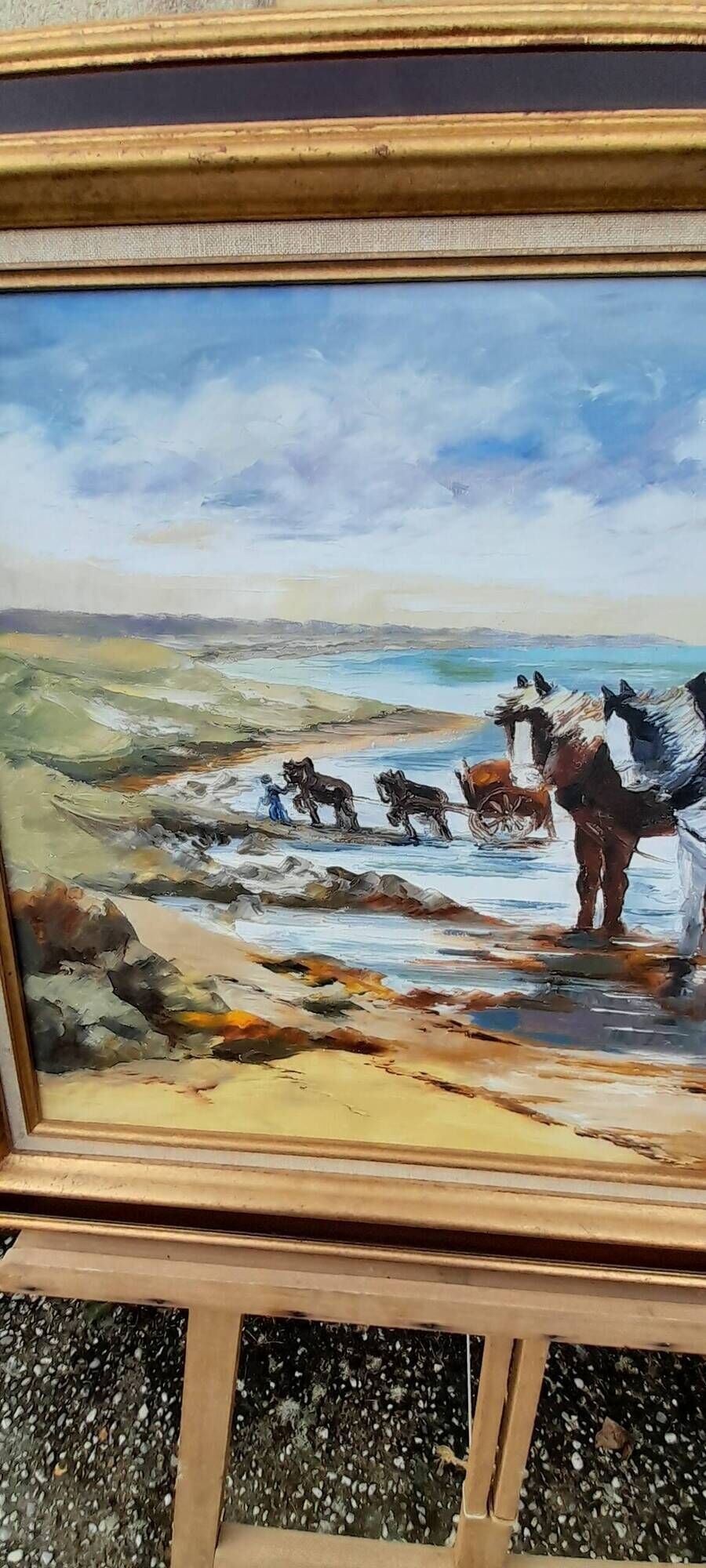 Framed oil on canvas signed Riotte seaweed collector L 81.5 cm Brittany Finistère