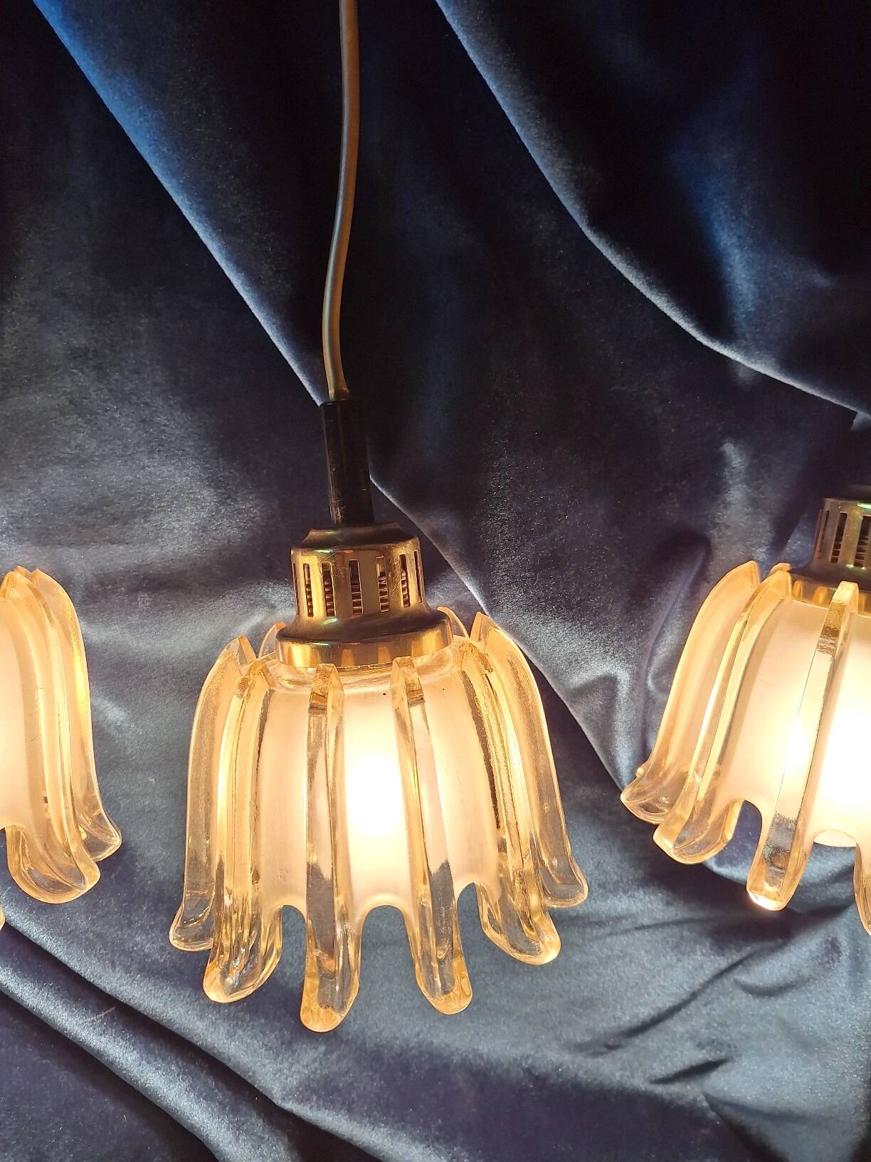 Set of 3 Doria pendant lights in amber-coloured frosted glass, 1960s