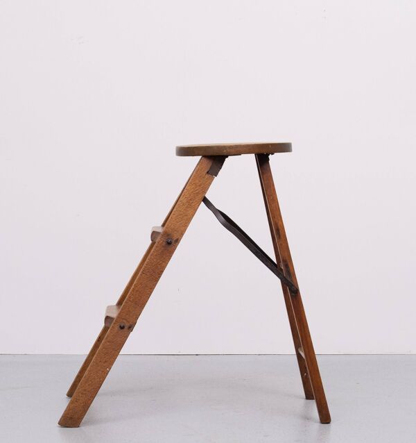 Escabeau ou marchepied pliant en chêne pour bibliothèque, années 1950, Hollande