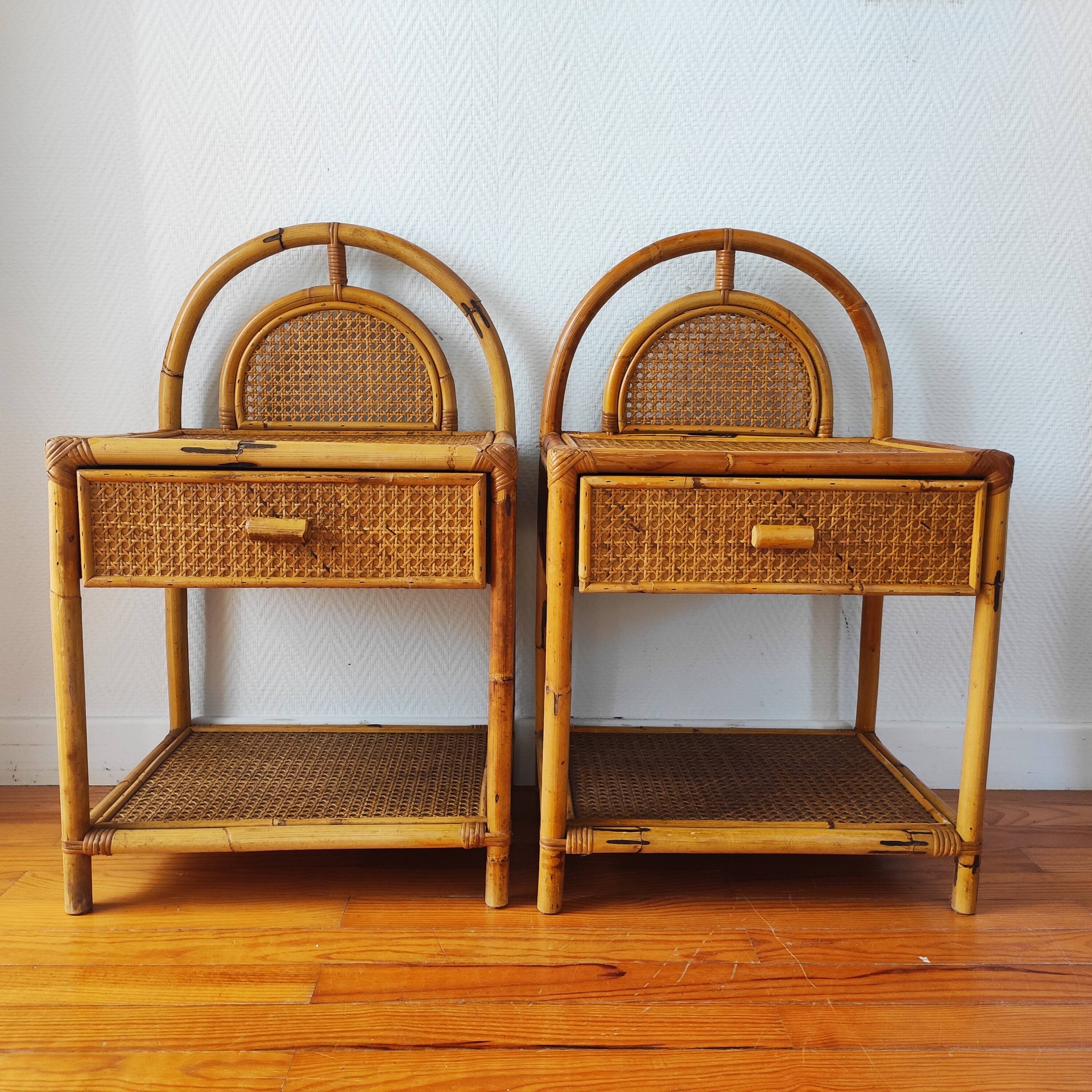 Pair of cane and rattan bedside tables Italy 1970