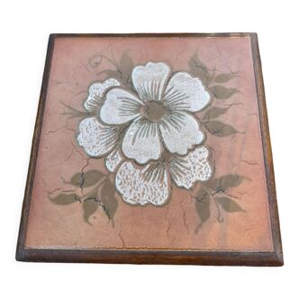 Square wood and ceramic trivet, vintage