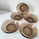 Ensemble de 5 assiettes creuses vintage Duralex en verre fumé marron glacé