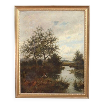 Oil Painting On Canvas, River Landscape Signed J Paulman, Late 19th Century
