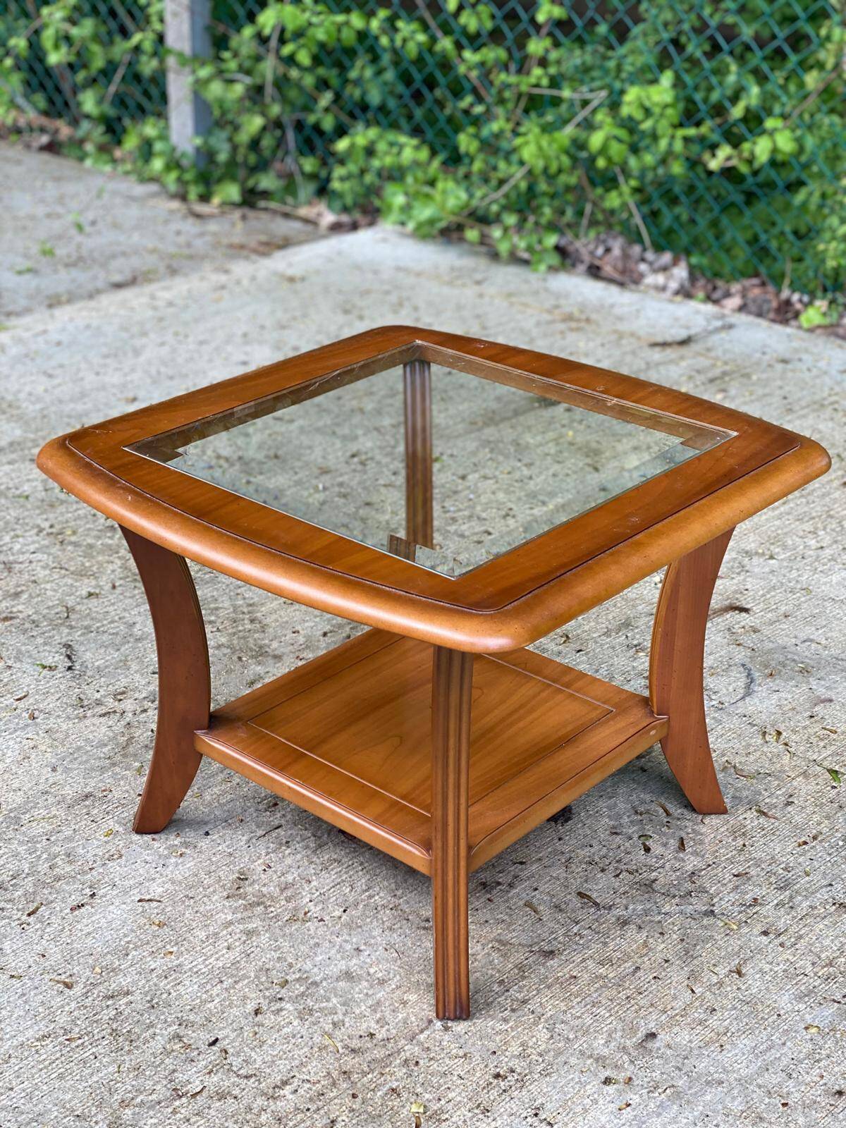 Scandinavian square coffee table, curved wood and glass, 60cm