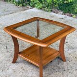Scandinavian square coffee table, curved wood and glass, 60cm