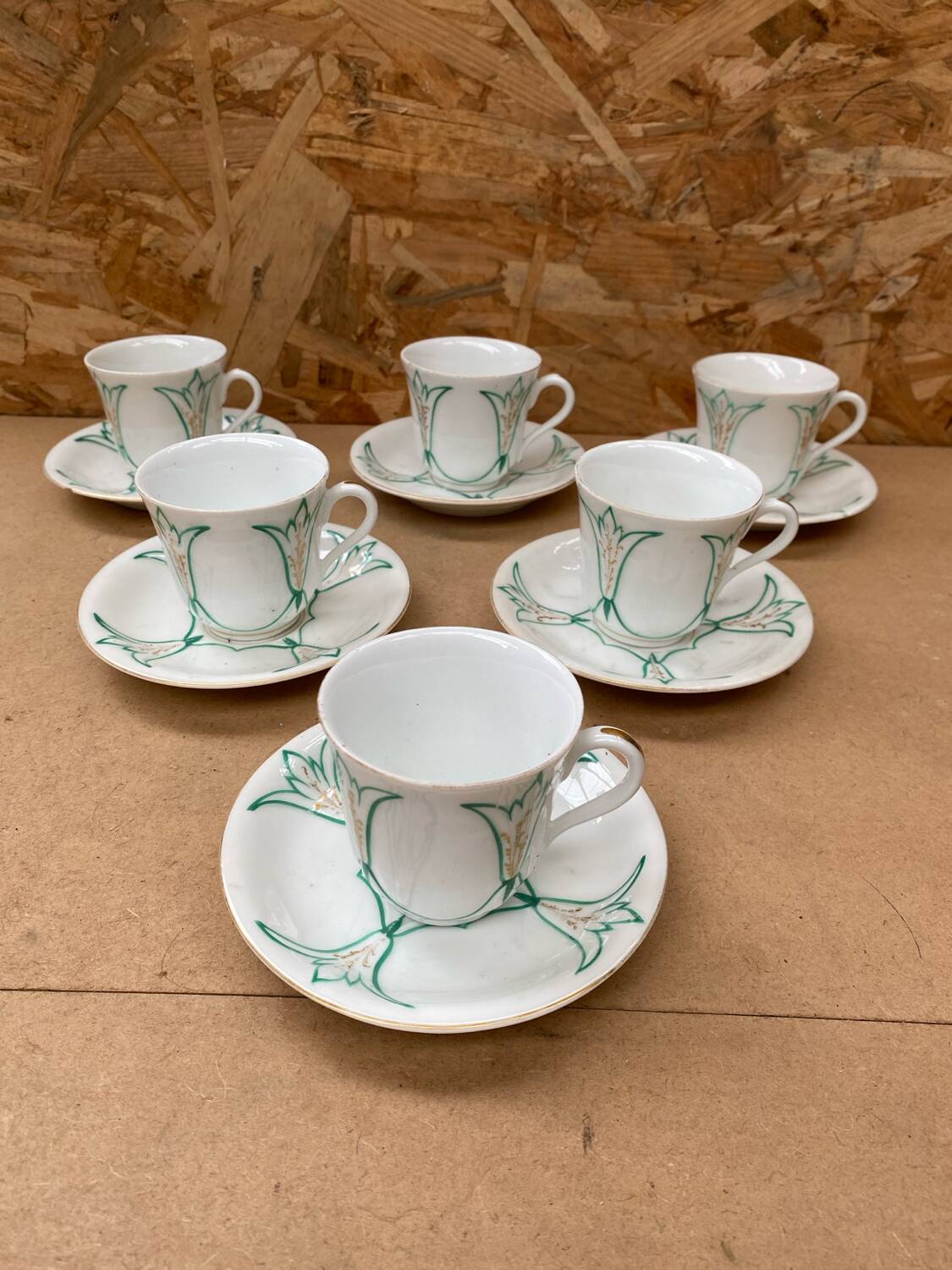 Set of 6 antique white ceramic mugs vintage green leaf decor