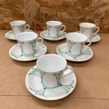 Set of 6 antique white ceramic mugs vintage green leaf decor
