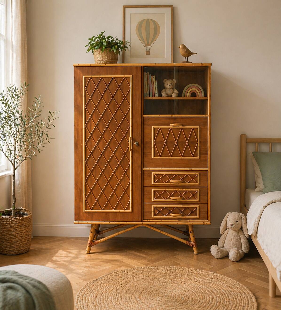 Rattan wardrobe with tapered legs from the 1960s.