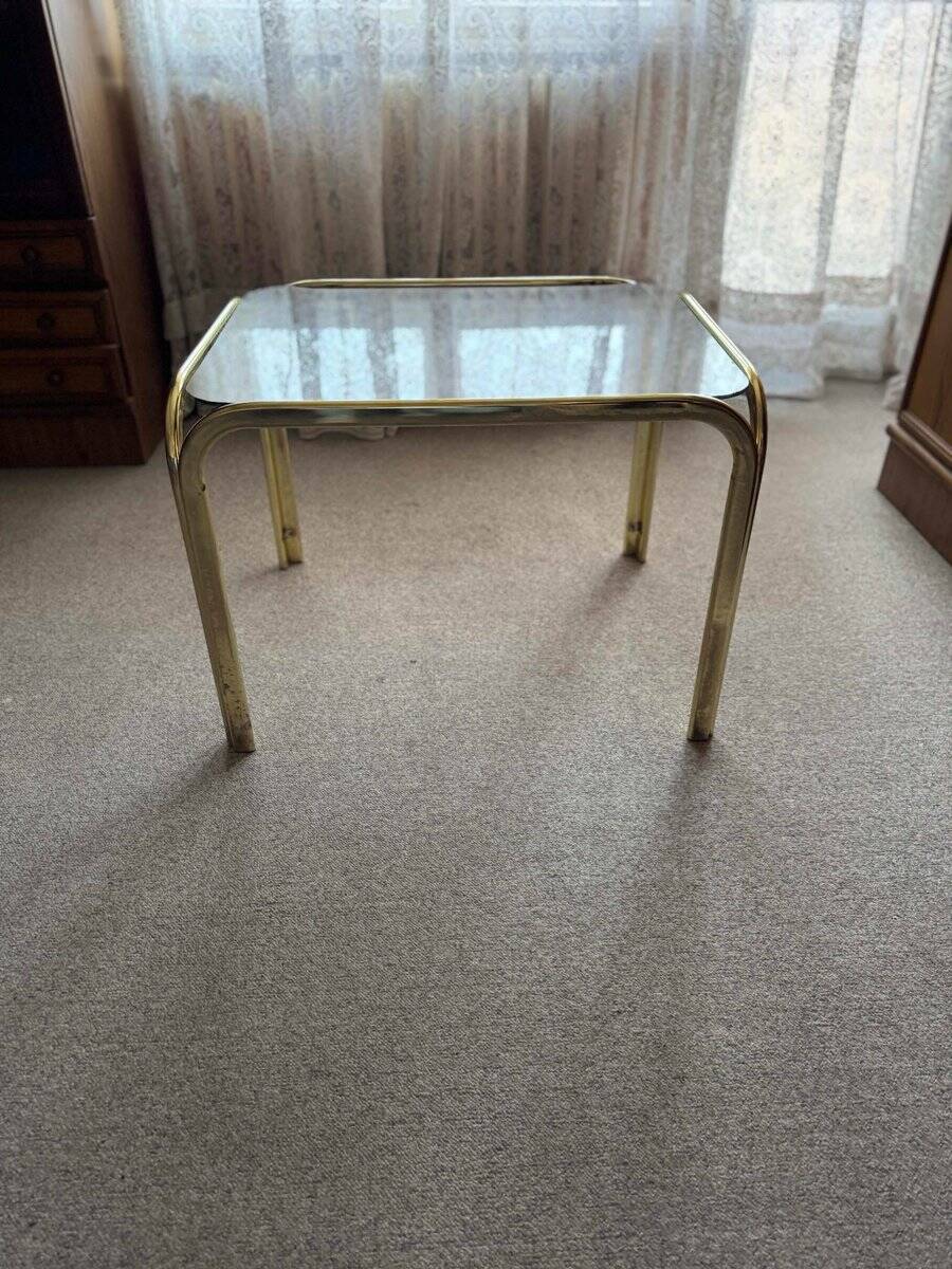 Table basse vintage en laiton doré 1970s avec plateau en verre transparent
