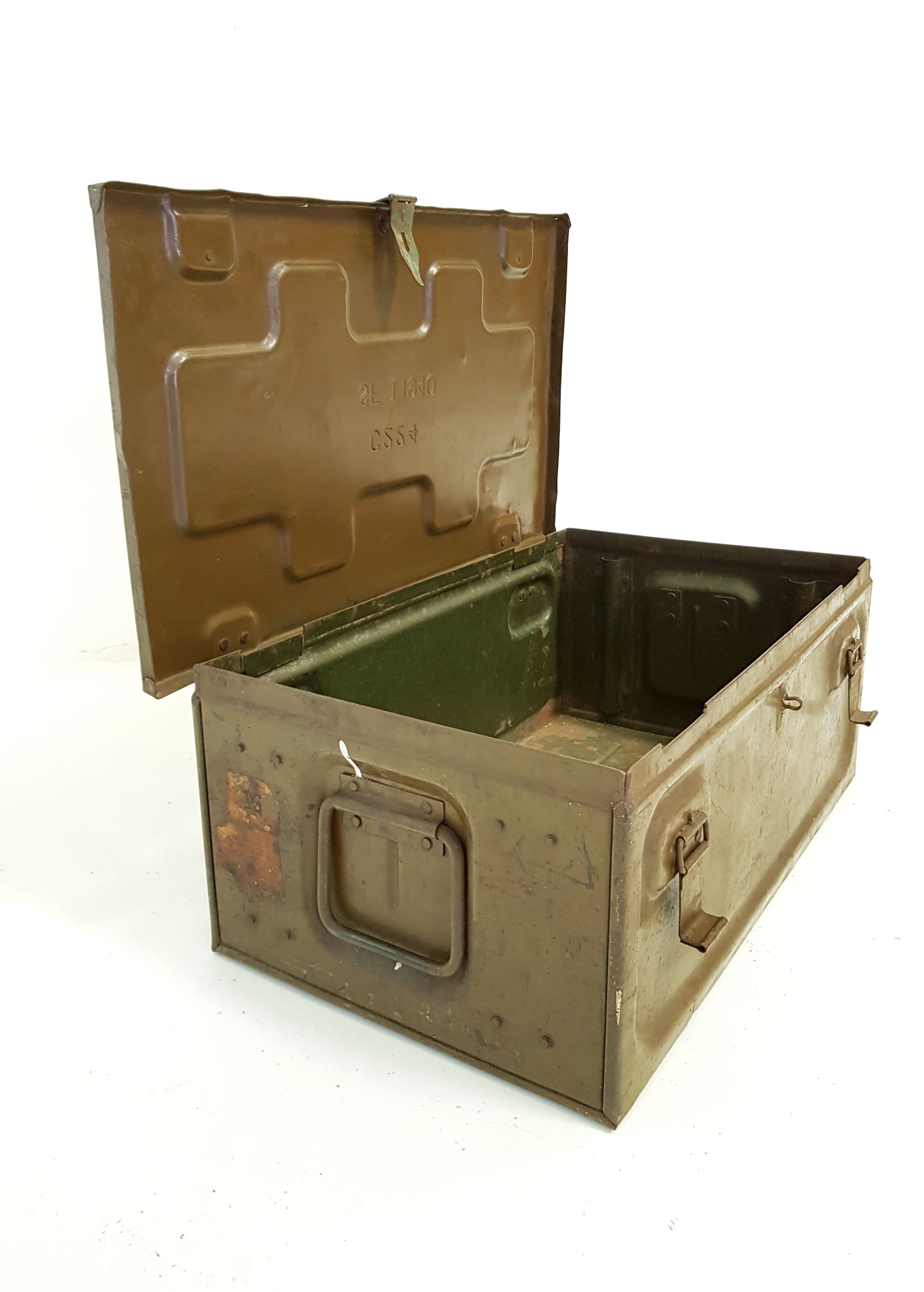 Old crate or military trunk metal patina original vintage canteen