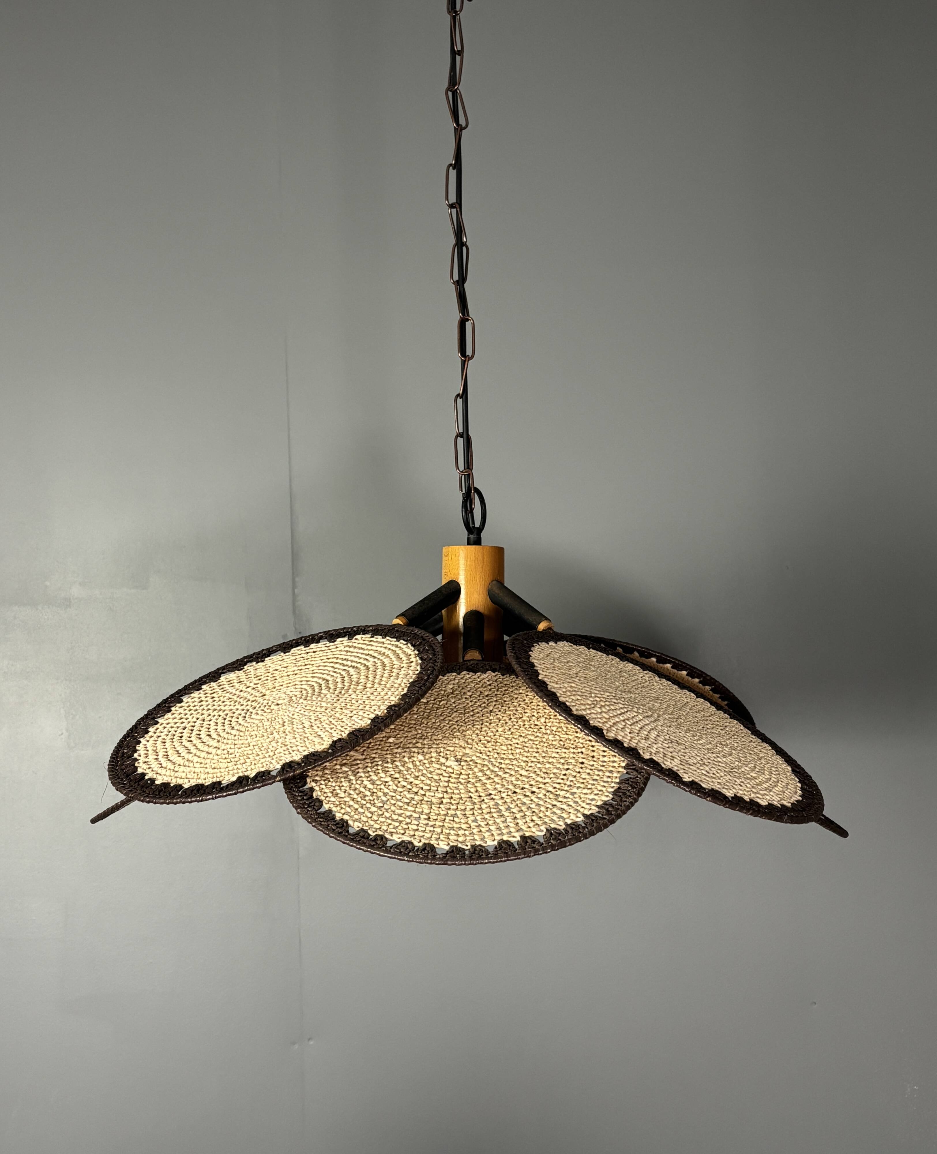 Midcentury uchiwa fan macrame fiber rattan hanging pendant lamp, 1970s