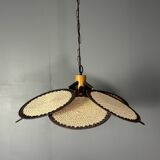 Midcentury uchiwa fan macrame fiber rattan hanging pendant lamp, 1970s