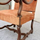 Large vintage "sheep bone" armchair, Louis XIII style, walnut