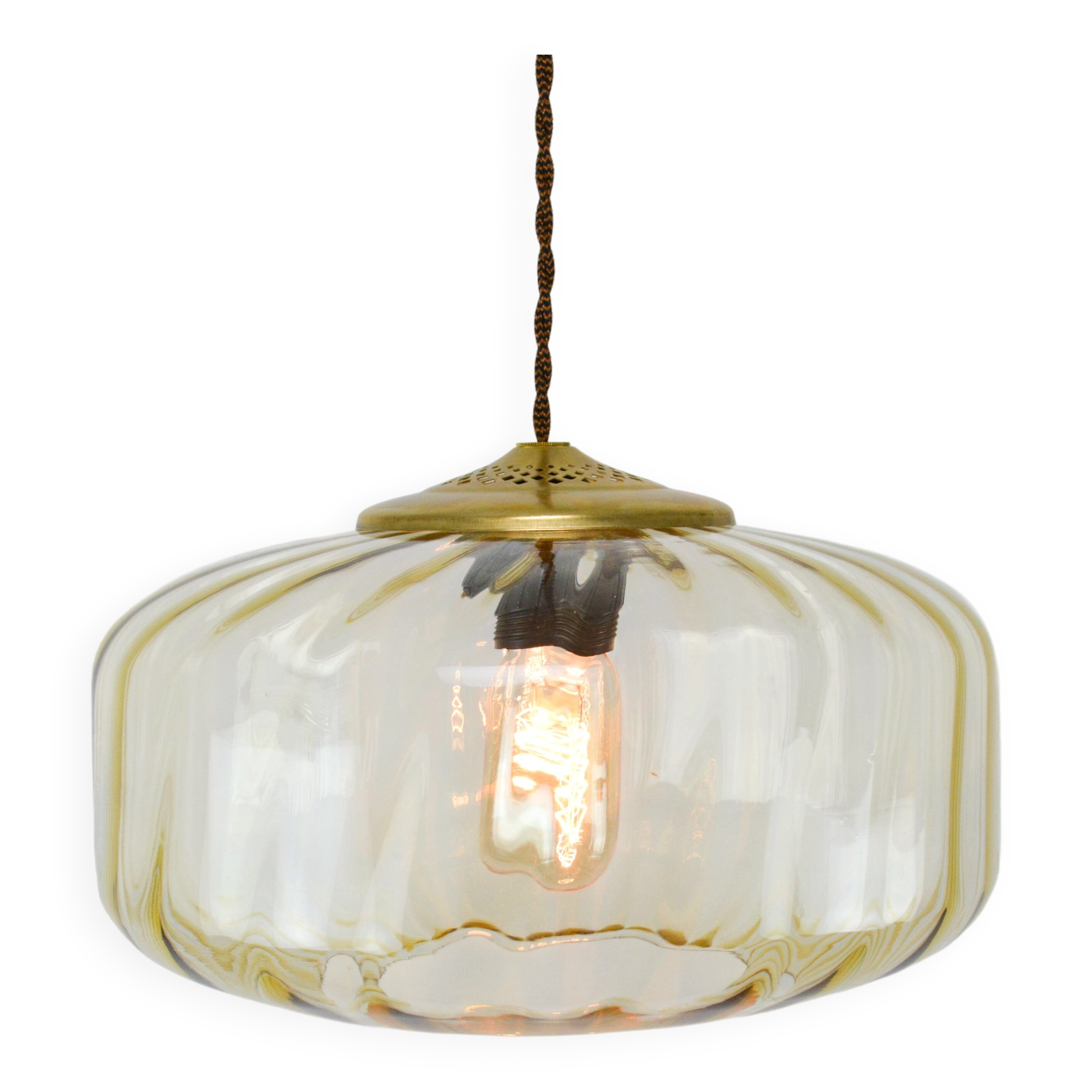 Vintage Light Beige Glass and Brass Pendant Lamp