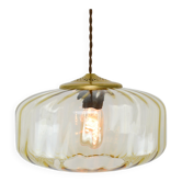 Vintage Light Beige Glass and Brass Pendant Lamp