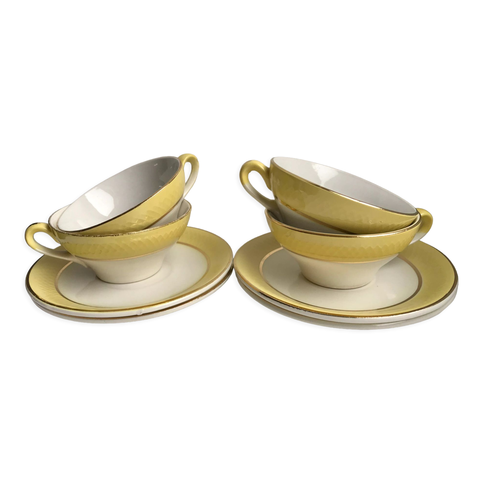 Lot de 4 tasses et sous-tasses jaune canari moulin des loups années 50