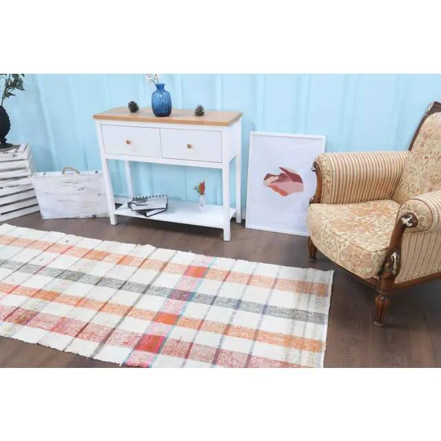Vintage Turkish Hand-Knotted Wool Cotton White Kilim Runner Rug 107x254