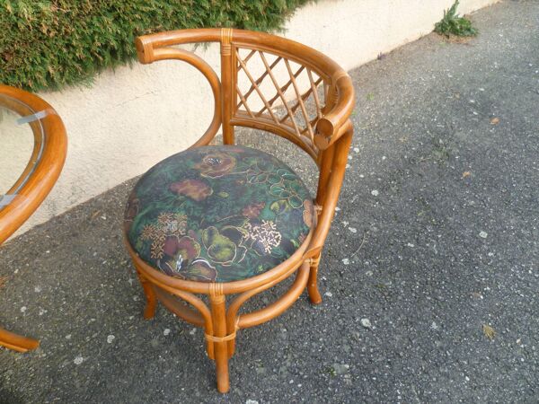 Ensemble en rotin table + 2 fauteuils vintage 1980