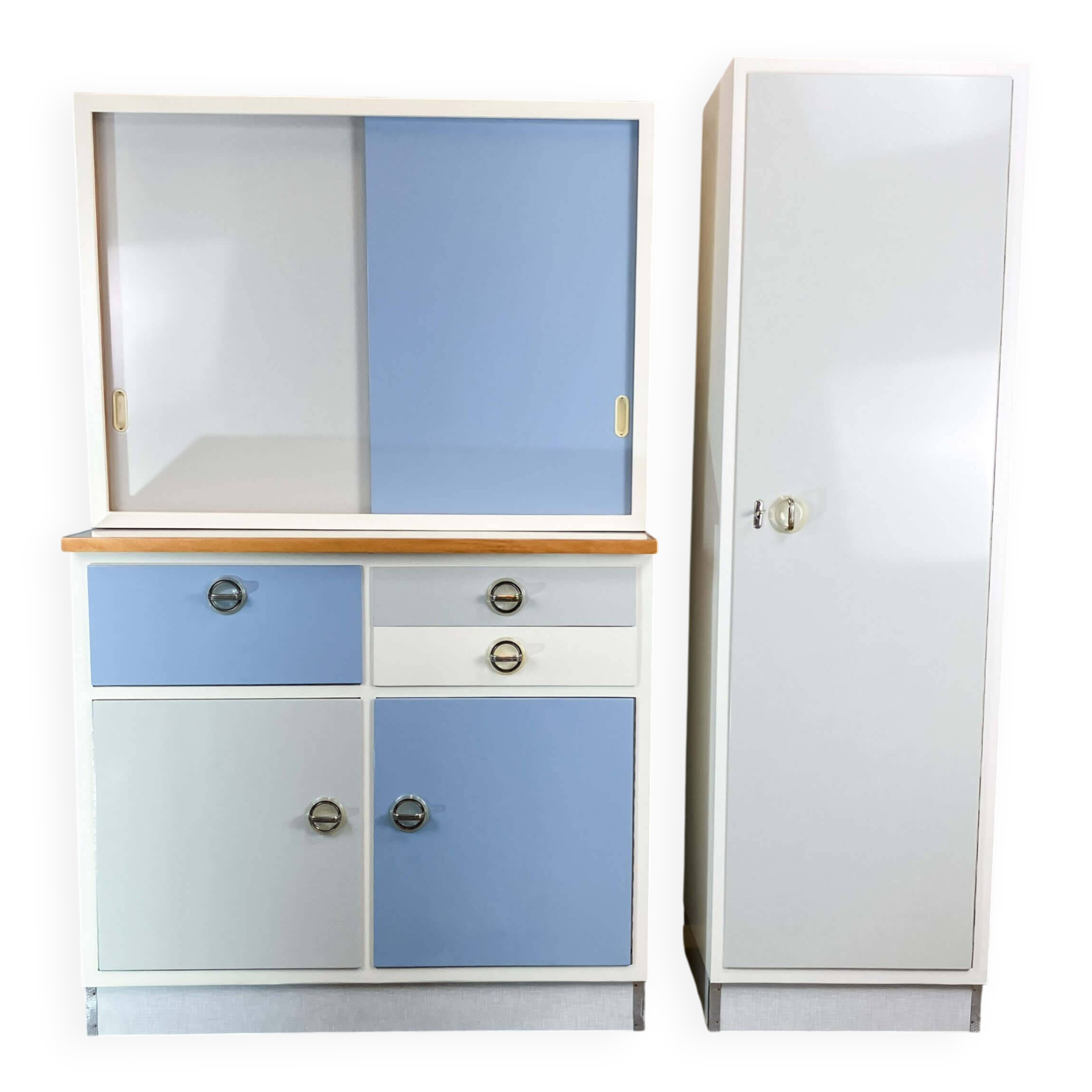 Kitchen cabinets, pastel blue and light gray, vintage from the 60s