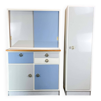 Kitchen cabinets, pastel blue and light gray, vintage from the 60s