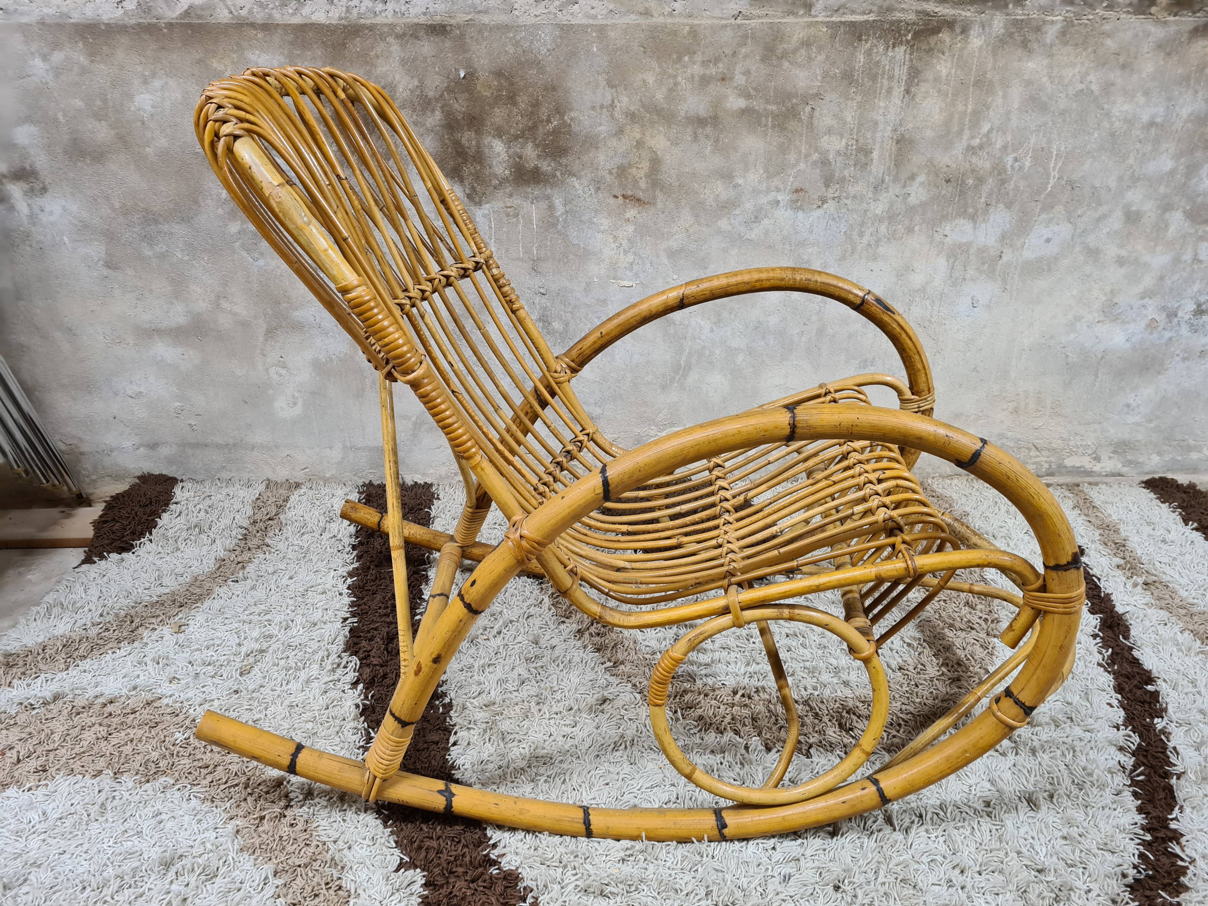 Rocking-chair rattan bamboo 60s