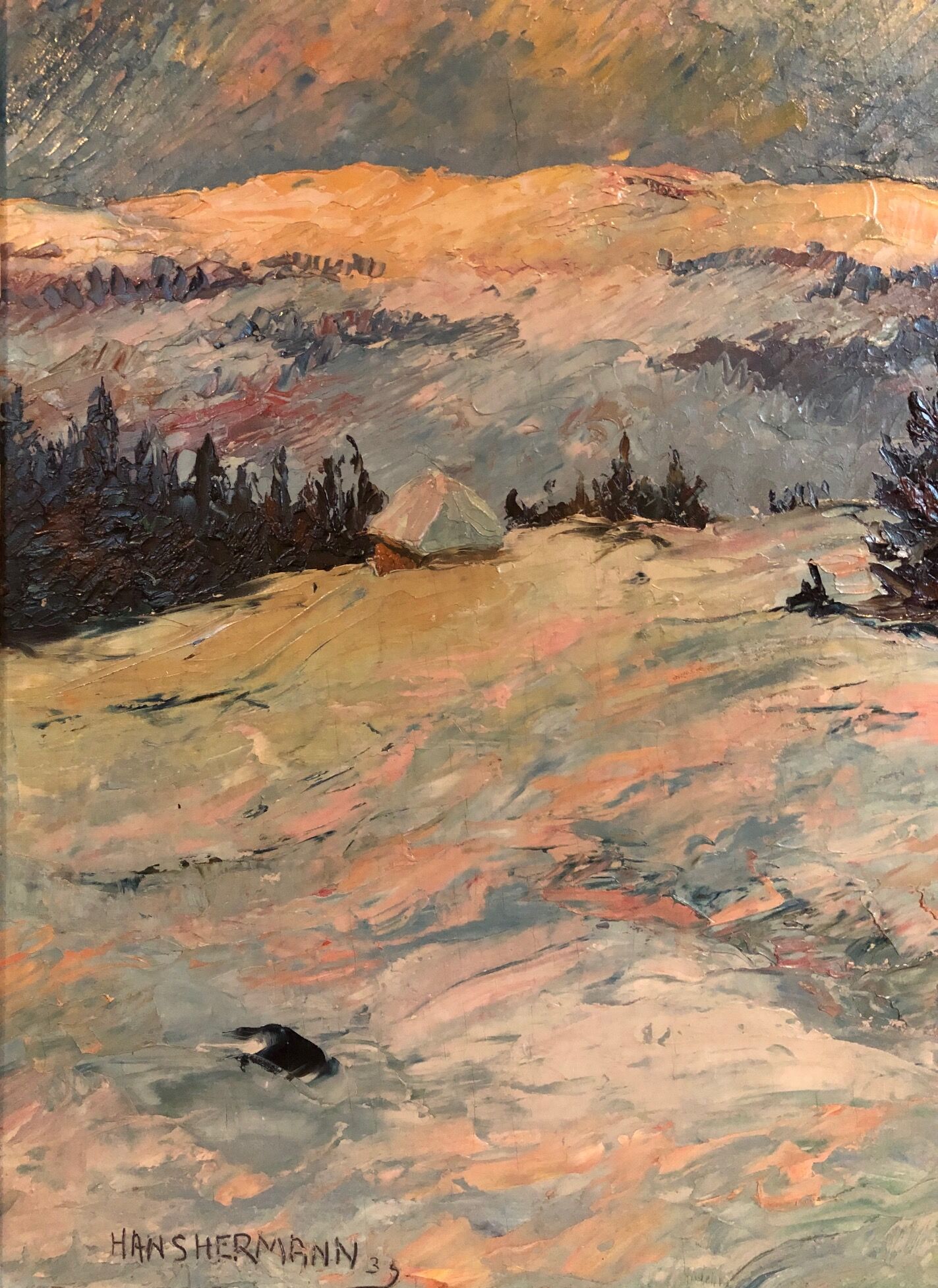 Panel oil by Hans Hermann (1858-1942), "Snowy Landscape", 19th Century