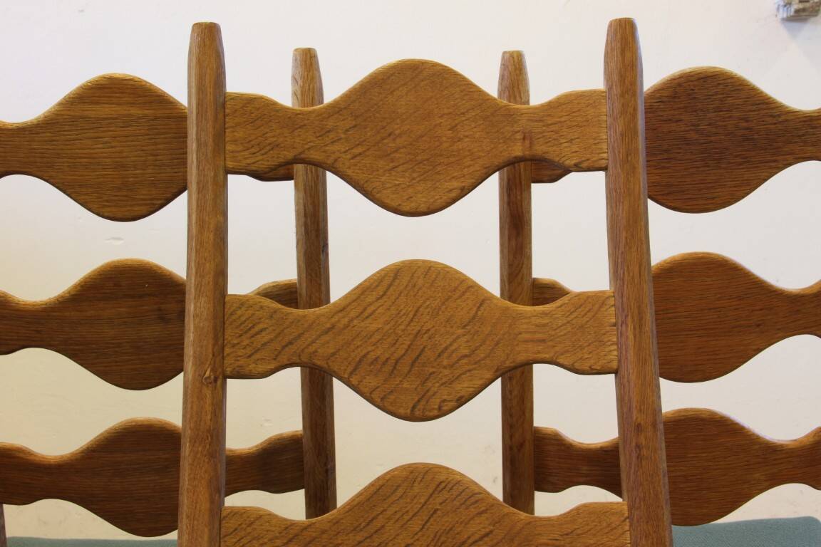 Six vintage 1960s Danish ladderback oak chairs, Henning Kjærnulf brutalist style