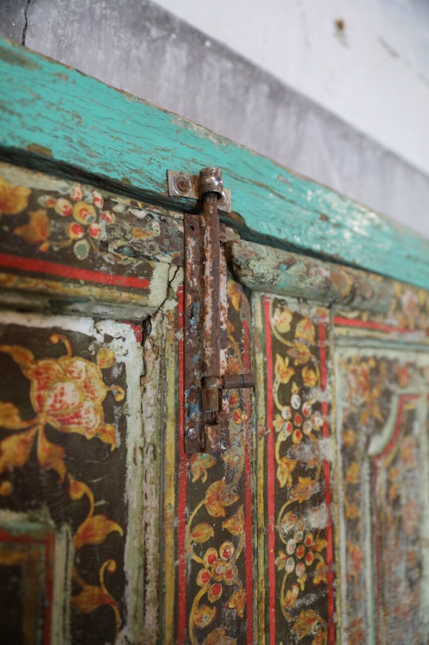 Indian door with frame, hand-painted floral motifs