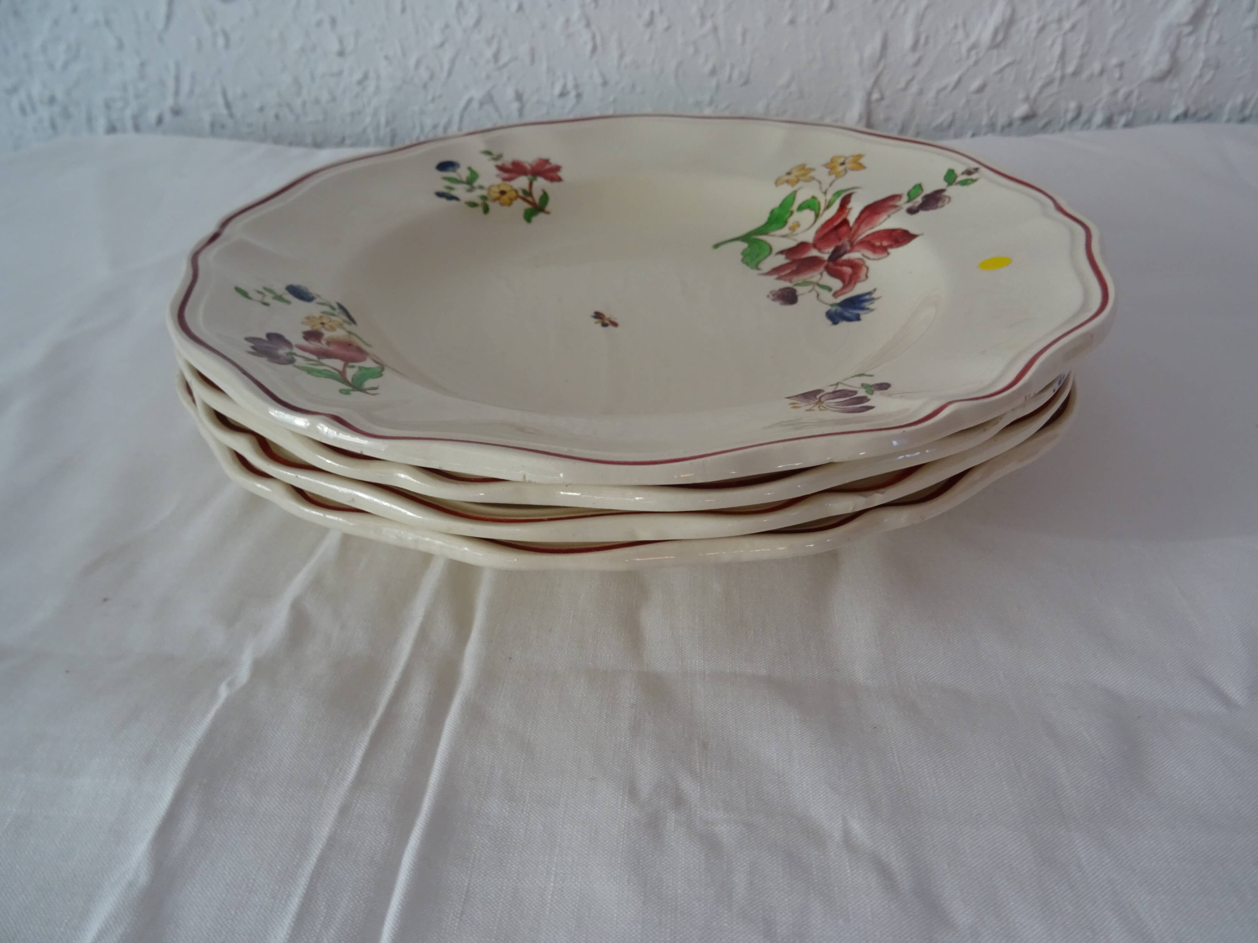 4 plates sarreguemines, hollow faience flowers strasbourg