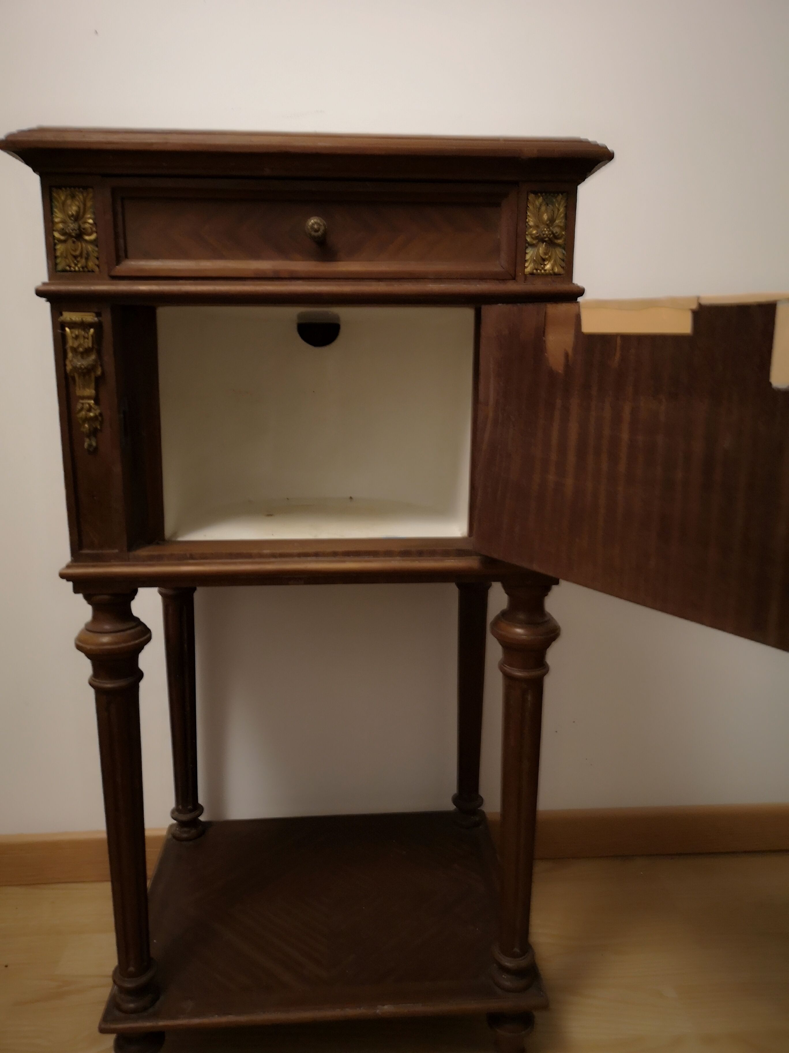 Empire style bedside table, marble tray, marble interior