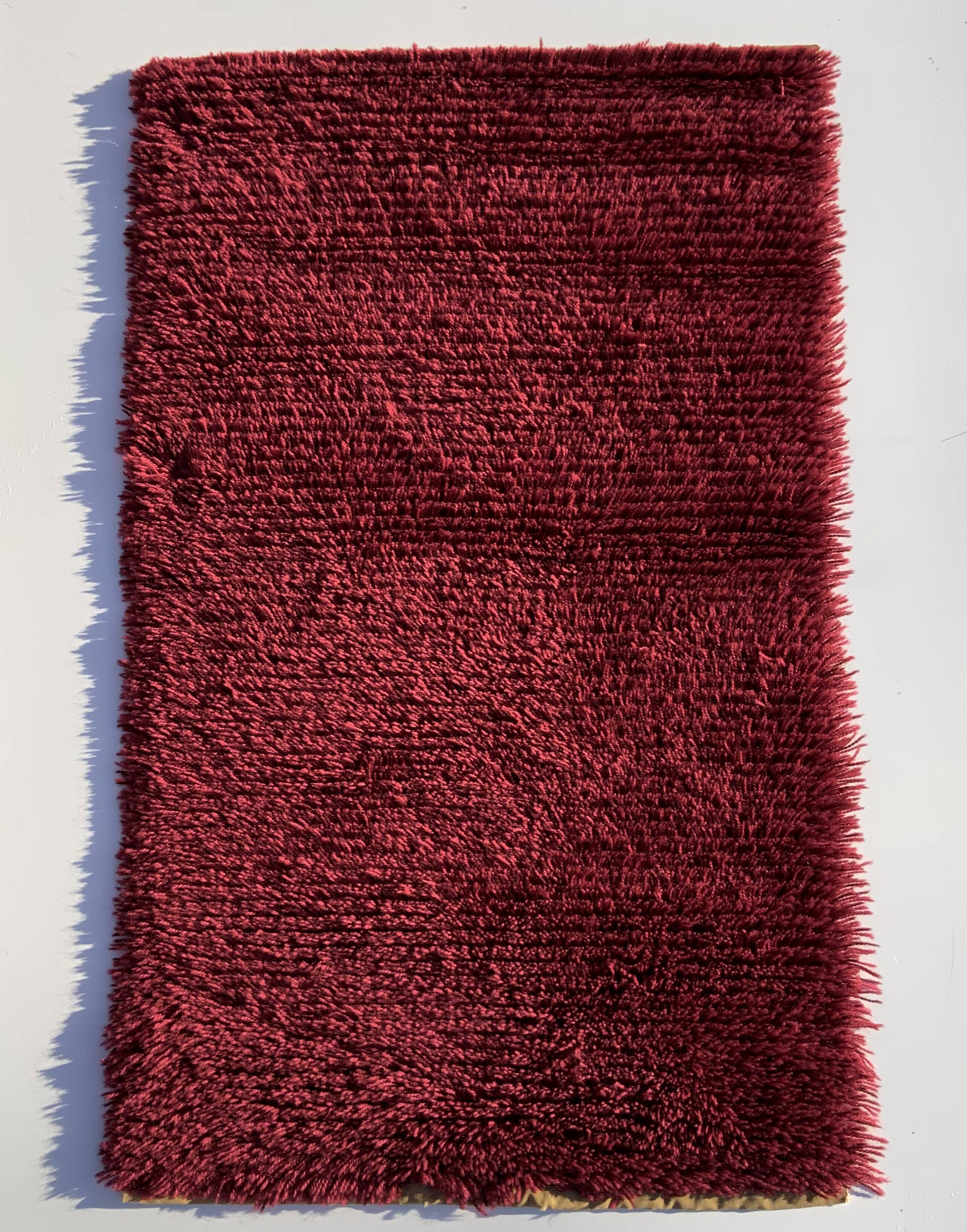 Vintage Red Scandinavian Design Wool Rya Rug Woven Handmade Vintage 1970s