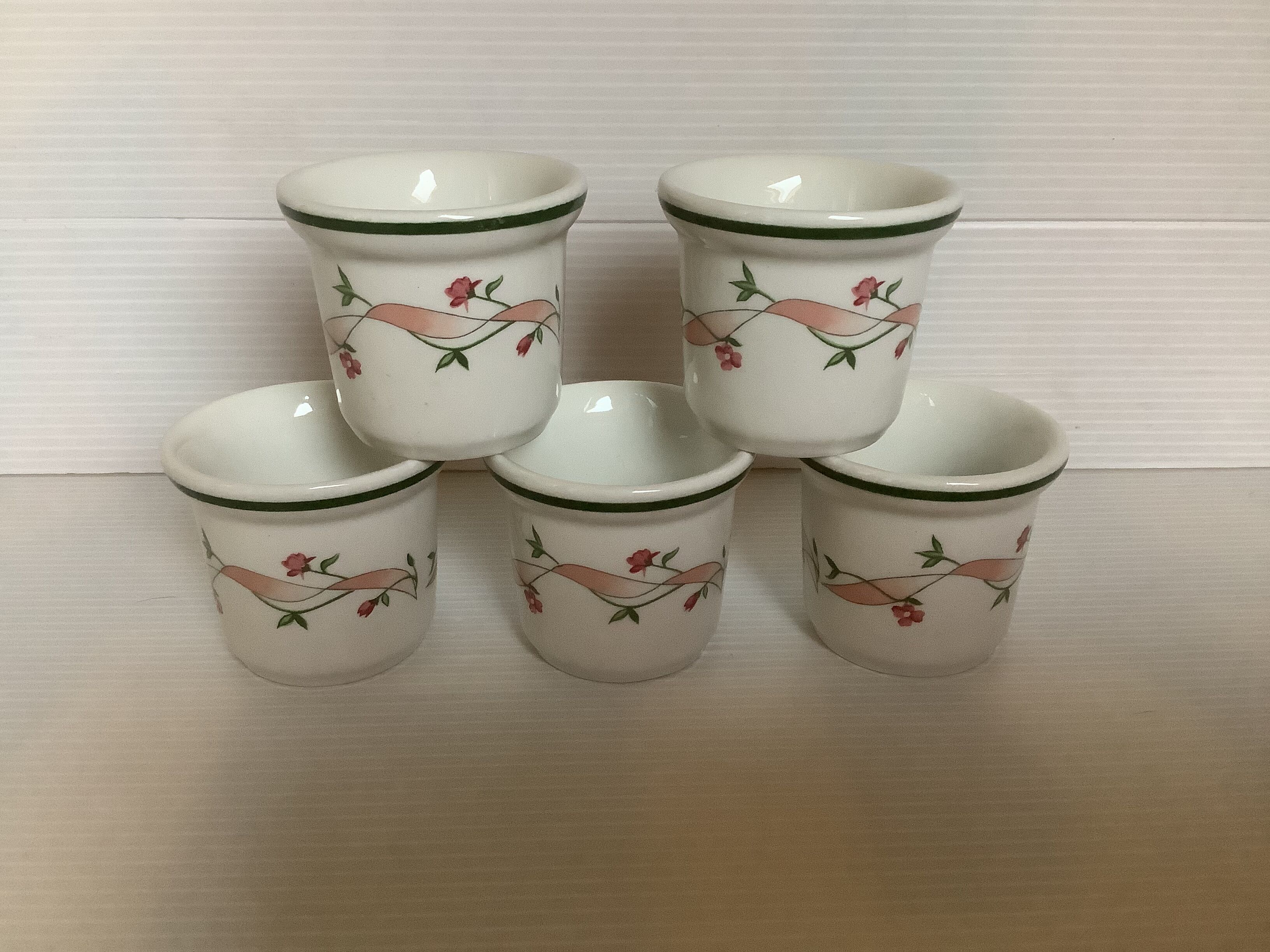 5 pink flower egg cups made in England