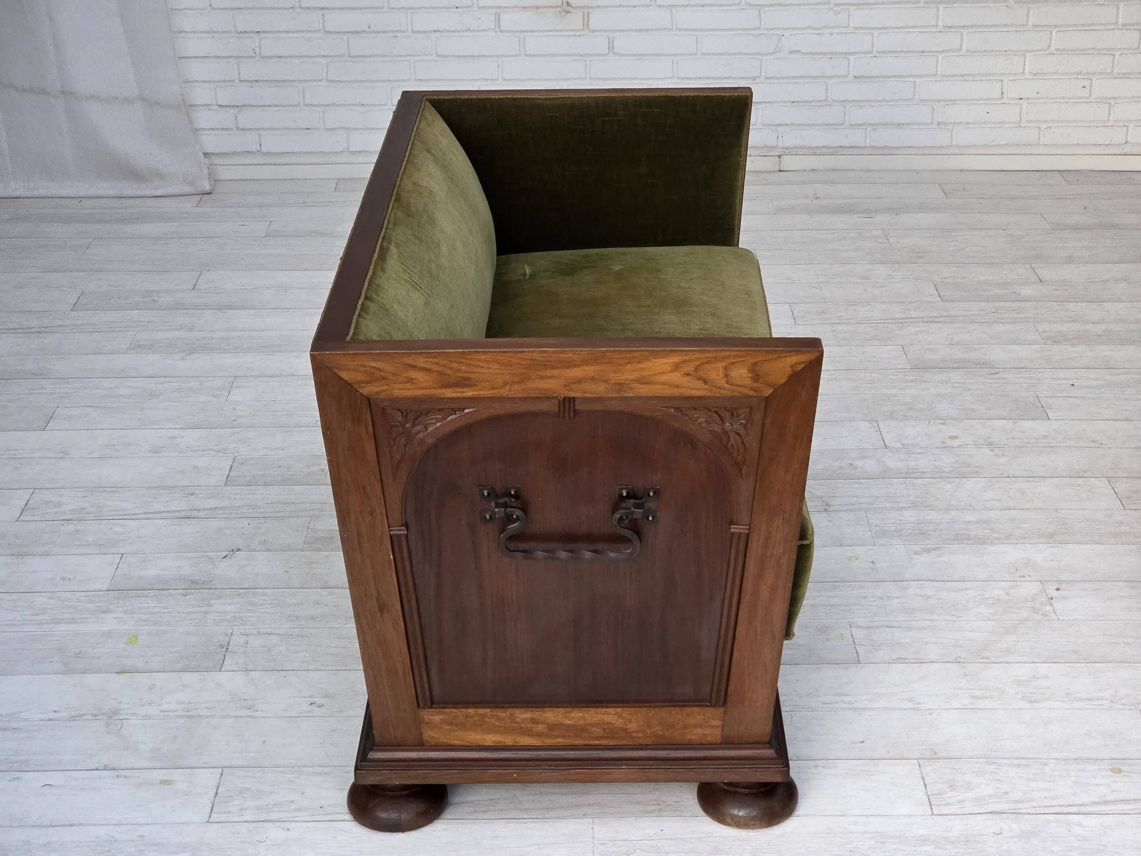 1950s, Danish 2-seater sofa, original green furniture velour, oak wood.