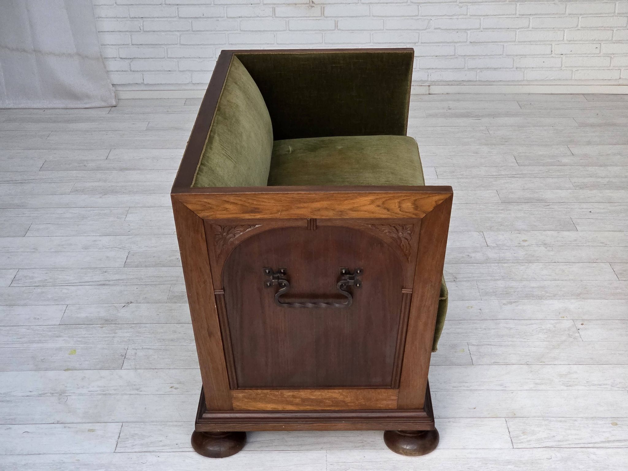 1950s, Danish 2-seater sofa, original green furniture velour, oak wood.