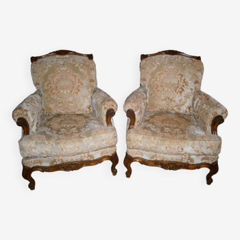 2 solid wood and fabric armchairs