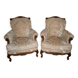 2 solid wood and fabric armchairs